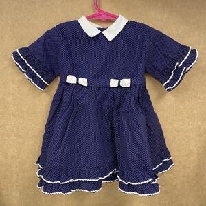 Vintage Kate Greenaway Toddler Dress Sz 2 Navy Blue Polka Dot Bows